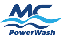 MC Power Wash logo featuring stylized blue waves and text, representing a professional cleaning service specializing in power washing for residential and commercial properties.