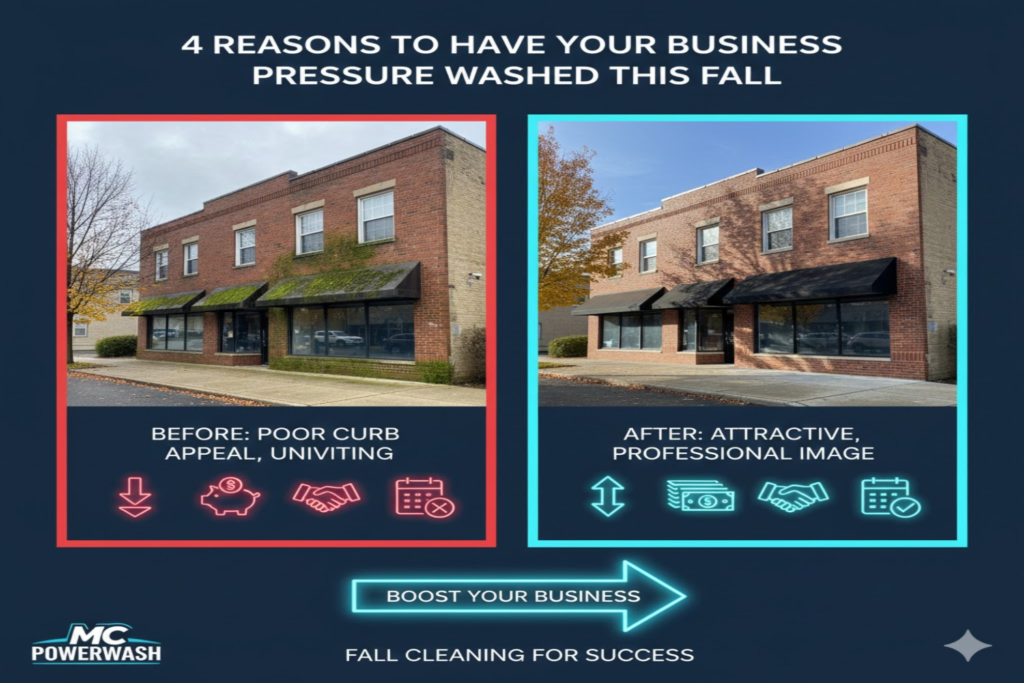 Before-and-after comparison of a commercial building showing poor curb appeal on the left with overgrown moss and dirt, and an attractive, professionally cleaned image on the right, emphasizing the benefits of pressure washing for business aesthetics and maintenance.