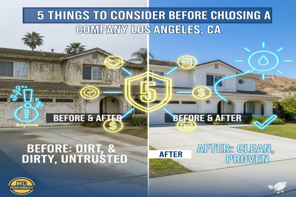 5 things to consider before choosing a pressure washing company in Los Angeles, CA; before and after images of a dirty and clean home exterior, highlighting professional cleaning benefits.