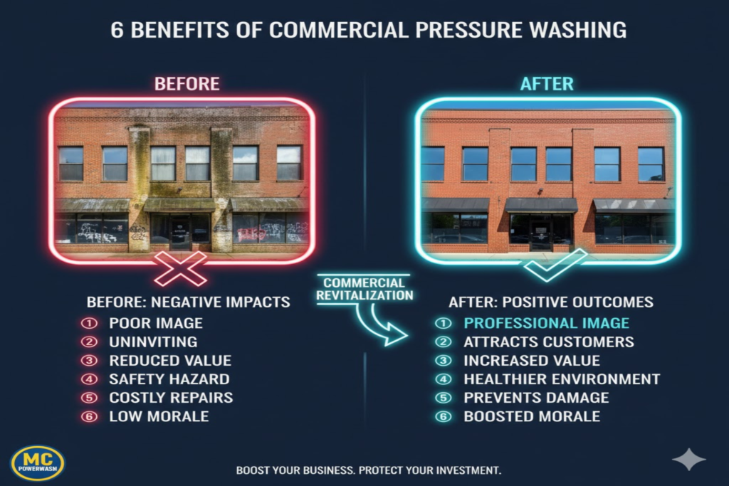 6 benefits of commercial pressure washing infographic, showcasing before and after images of a building's facade, highlighting negative impacts like poor image and reduced value versus positive outcomes such as professional image and increased value, with branding from MC Power Wash.