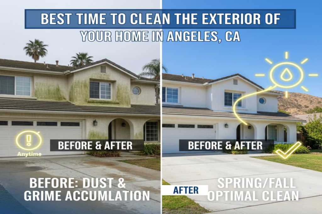 Before and after image of a home exterior cleaning in Los Angeles, showcasing significant grime removal, with text indicating optimal cleaning times in spring and fall, emphasizing the benefits of pressure washing for maintaining curb appeal.