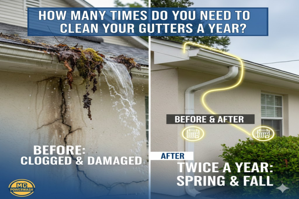 Gutter maintenance before and after cleaning, showing clogged and damaged gutters with water overflow on one side, and clean, functional gutters on the other; emphasizes the importance of cleaning twice a year, in spring and fall, for home integrity.