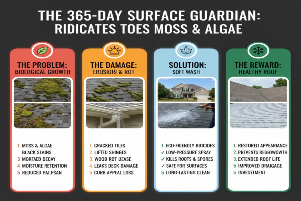 How Pressure Washing Eradicates Moss & Algae