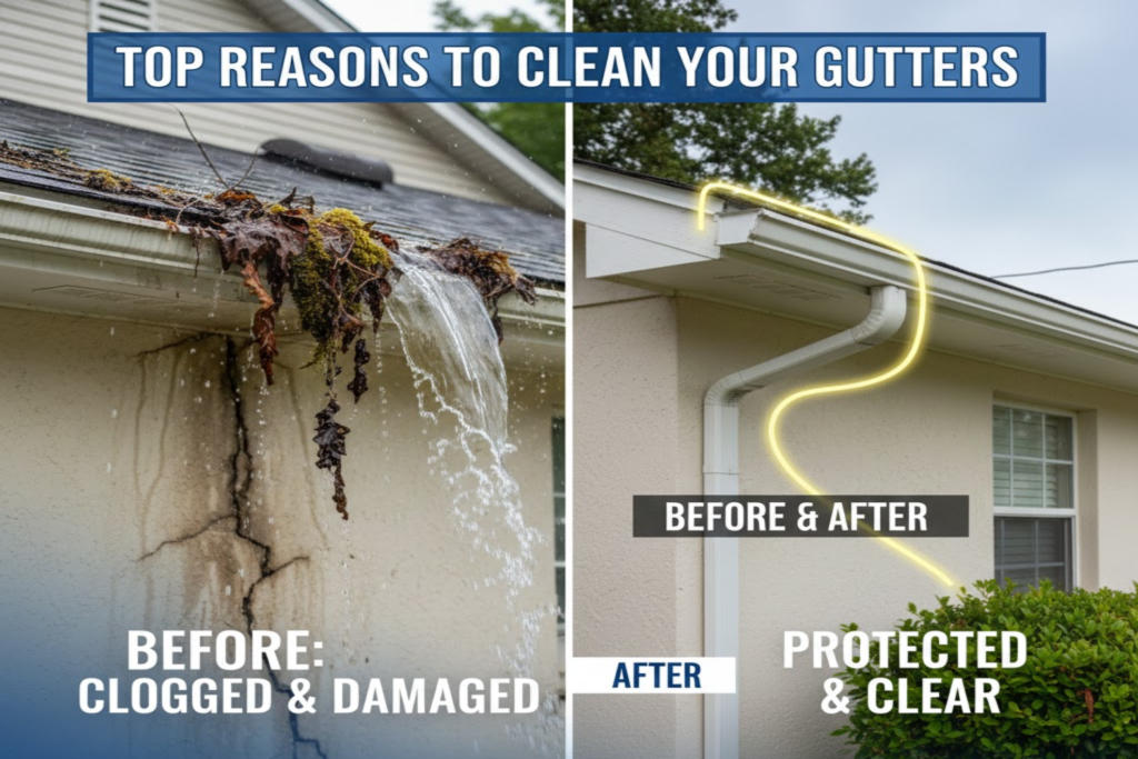 Before and after image of gutter cleaning, showing clogged and damaged gutters with water overflow on the left, and clear, protected gutters on the right, highlighting the importance of regular gutter maintenance for home integrity.